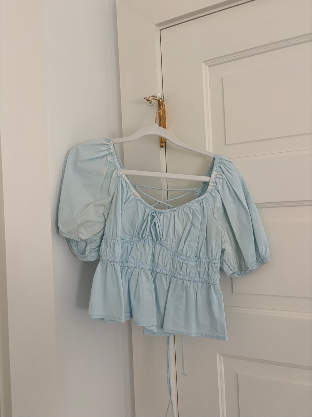 Cotton Candila Light Blue Puff Sleeve Peasant Blouse